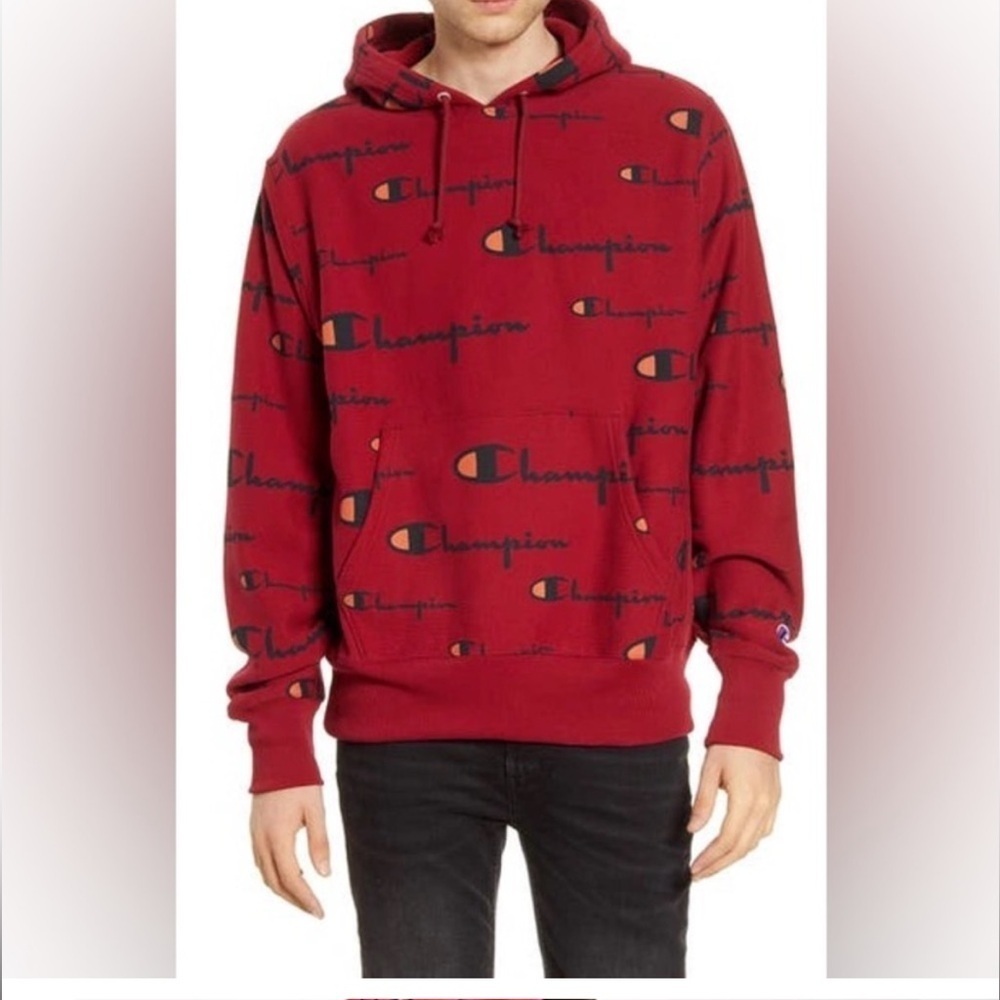 Champion Reverse Weave All Over Print Hoodie Pullover Sweater Jumper Mens Medium